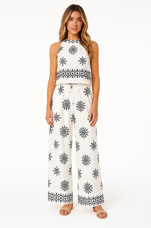 Ensemble Femme Deux Pièces – Haut Court Sans Manches – Pantalon Large Taille Haute – Broderie