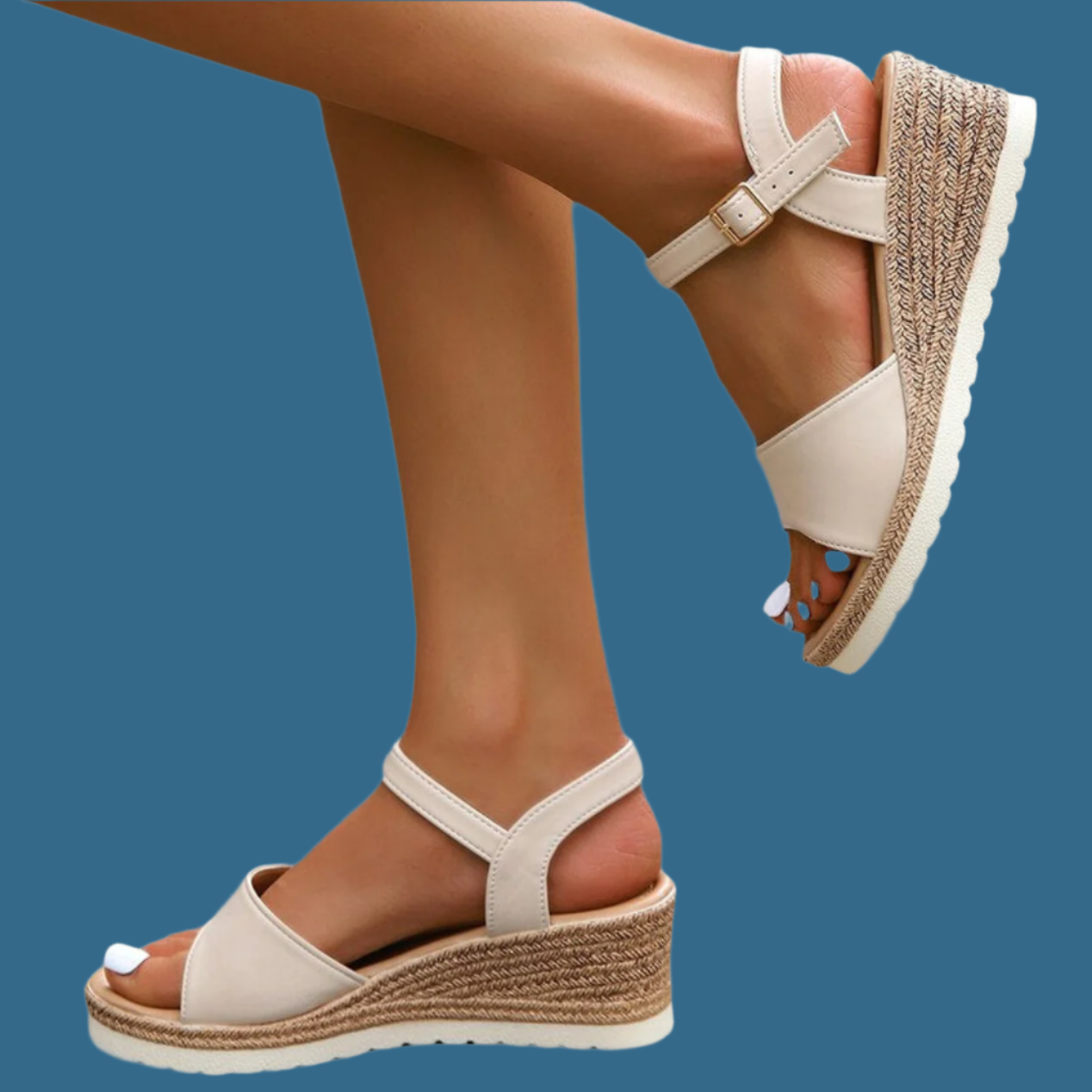 Sandales compensées femme – Bout ouvert – Bride cheville – Semelle confort tressée