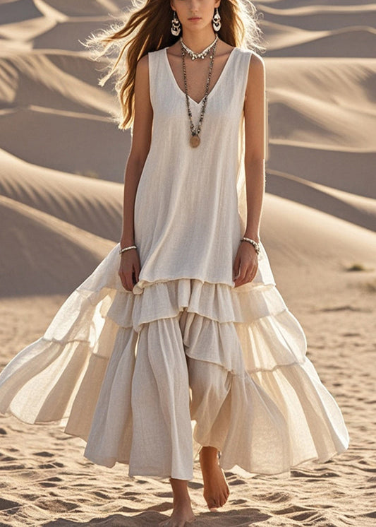 Robe longue femme – Coupe fluide – Sans manches – Ourlet volanté