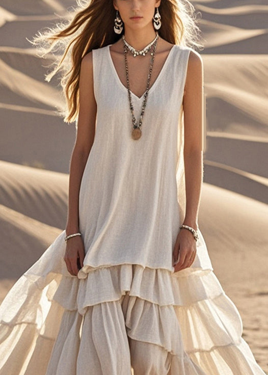 Robe longue femme – Coupe fluide – Sans manches – Ourlet volanté