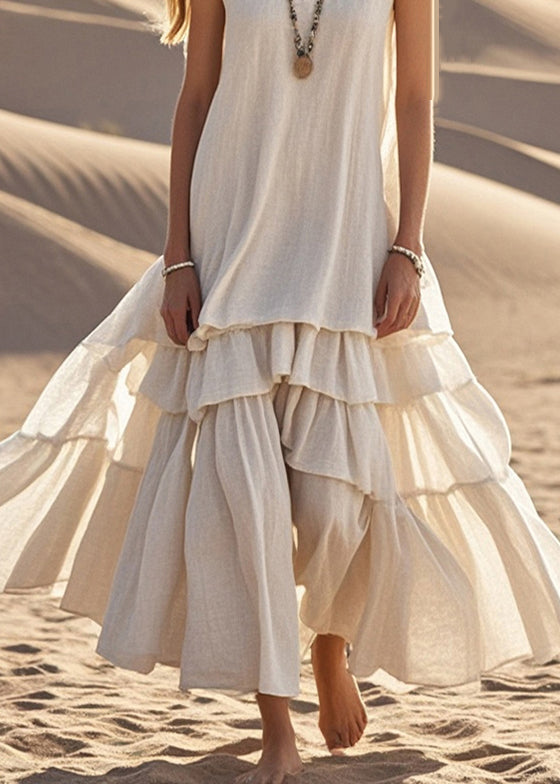Robe longue femme – Coupe fluide – Sans manches – Ourlet volanté