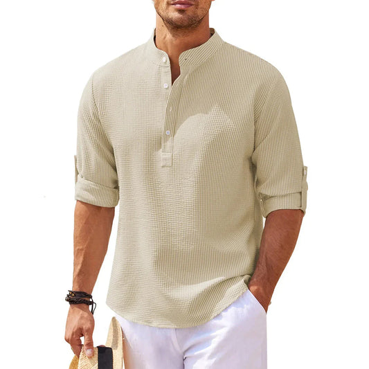 Chemise homme – Coupe ample – Coton – Col mao – Manches retroussables