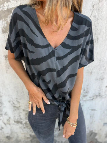 Blouse femme – Coupe décontractée – Décolleté en V – Nœud devant – Manches courtes – Tissu respirant