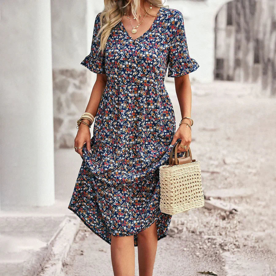 Robe midi femme – Coupe décontractée – Encolure en V – Manches volantées – Tissu respirant