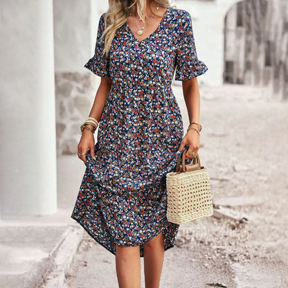 Robe midi femme – Coupe décontractée – Encolure en V – Manches volantées – Tissu respirant