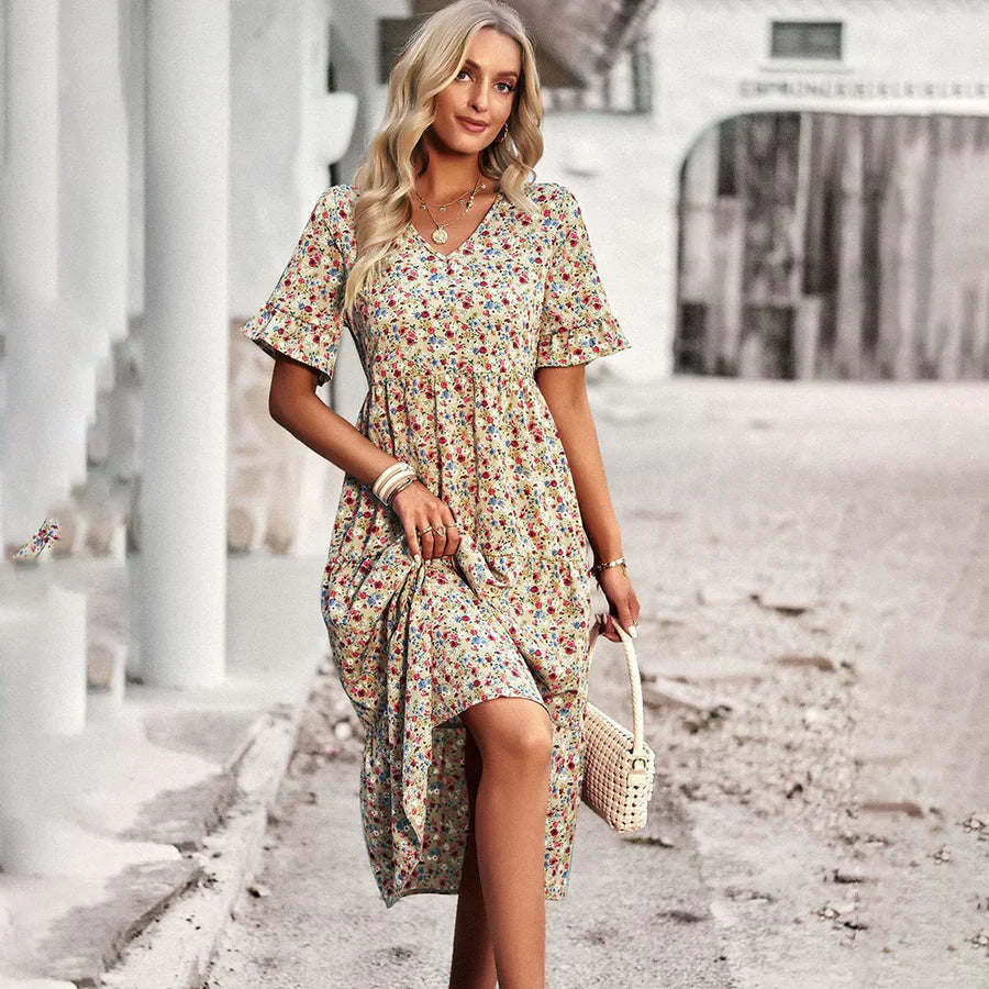 Robe midi femme – Coupe décontractée – Encolure en V – Manches volantées – Tissu respirant