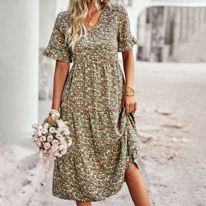 Robe midi femme – Coupe décontractée – Encolure en V – Manches volantées – Tissu respirant