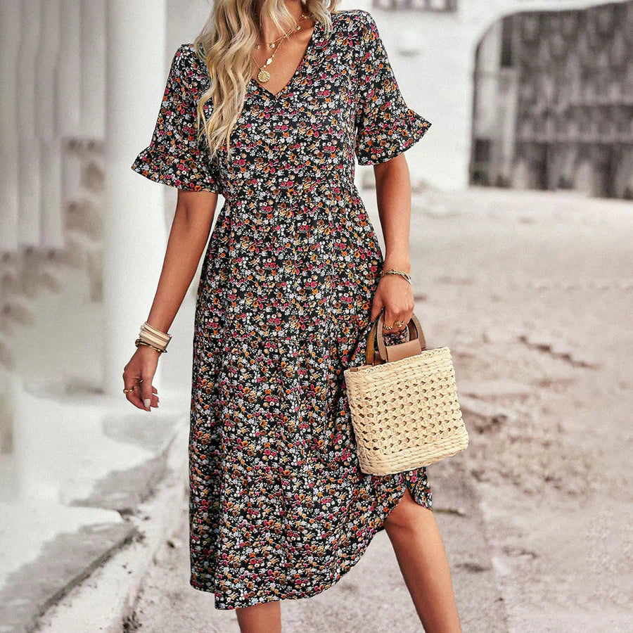 Robe midi femme – Coupe décontractée – Encolure en V – Manches volantées – Tissu respirant
