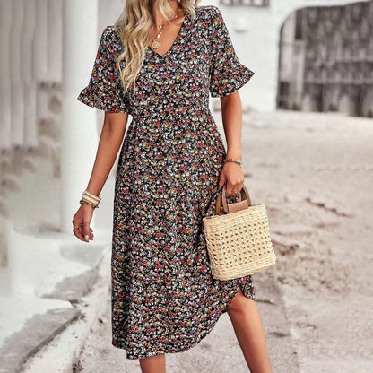 Robe midi femme – Coupe décontractée – Encolure en V – Manches volantées – Tissu respirant