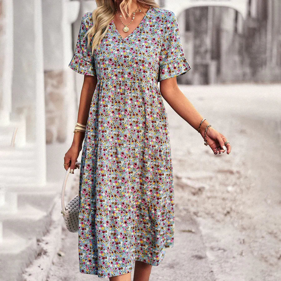 Robe midi femme – Coupe décontractée – Encolure en V – Manches volantées – Tissu respirant