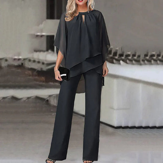 Ensemble femme deux pièces – Top fluide asymétrique – Pantalon large élégant