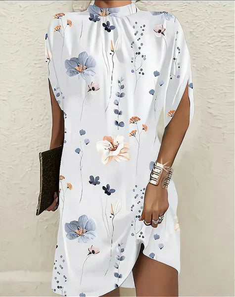 Robe courte femme – Coupe droite – Col haut – Imprimé botanique – Tissu respirant