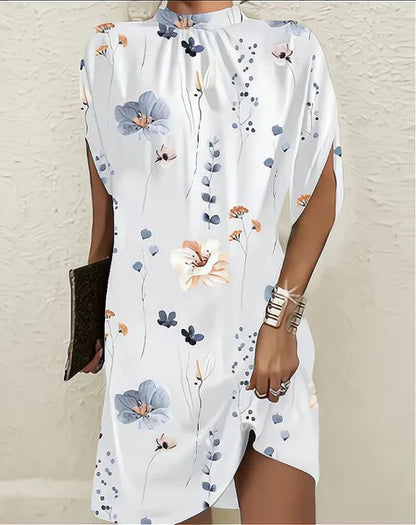 Robe courte femme – Coupe droite – Col haut – Imprimé botanique – Tissu respirant
