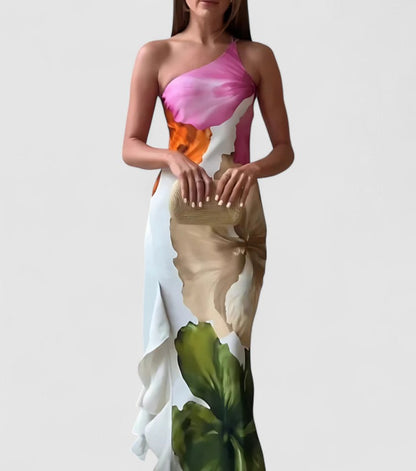 Robe de soirée femme – Tissu luxueux – Coupe ajustée – Col asymétrique – Patchwork élégant