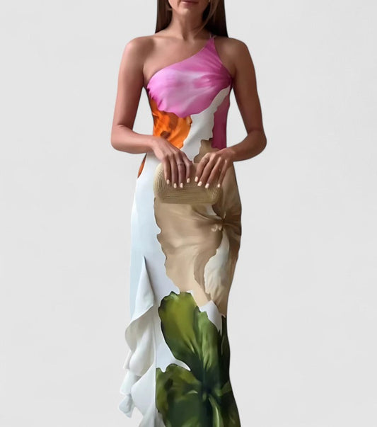 Robe de soirée femme – Tissu luxueux – Coupe ajustée – Col asymétrique – Patchwork élégant