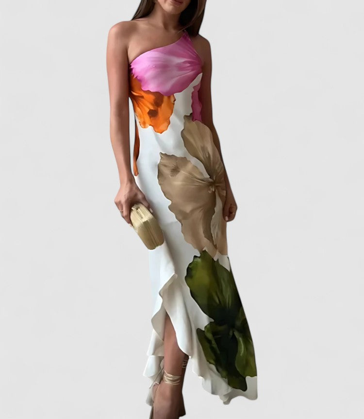Robe de soirée femme – Tissu luxueux – Coupe ajustée – Col asymétrique – Patchwork élégant