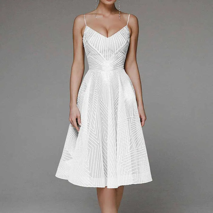 Robe midi femme – Coupe évasée – Bretelles fines – Décolleté en V