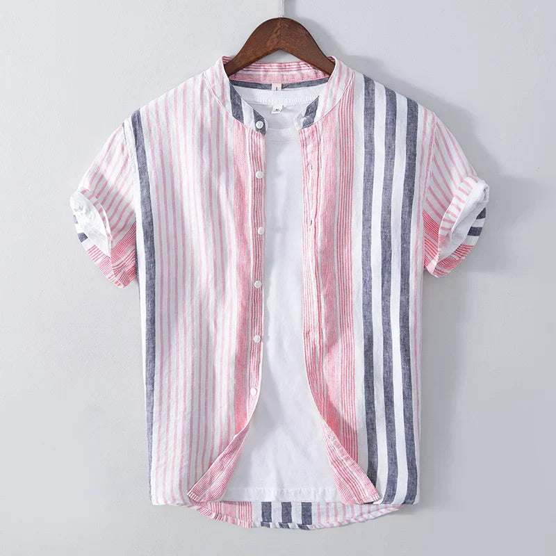 Chemise homme manches courtes – Coupe décontractée – Tissu respirant – Col mao – Rayures
