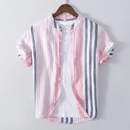 Chemise homme manches courtes – Coupe décontractée – Tissu respirant – Col mao – Rayures