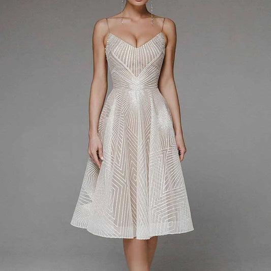 Robe midi femme – Coupe évasée – Bretelles fines – Décolleté en V
