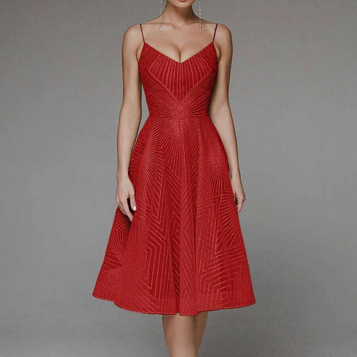 Robe midi femme – Coupe évasée – Bretelles fines – Décolleté en V