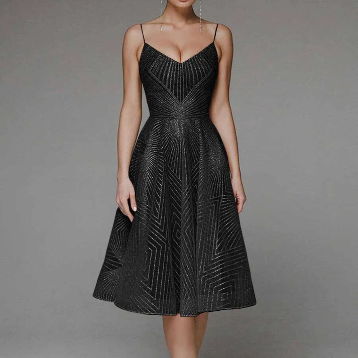 Robe midi femme – Coupe évasée – Bretelles fines – Décolleté en V