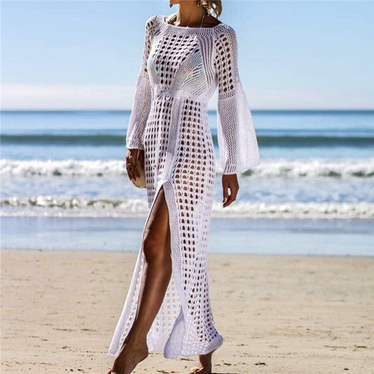 Robe de Plage Femme – Maille Légère – Coupe Flottante – Manches Longues – Fente Haute