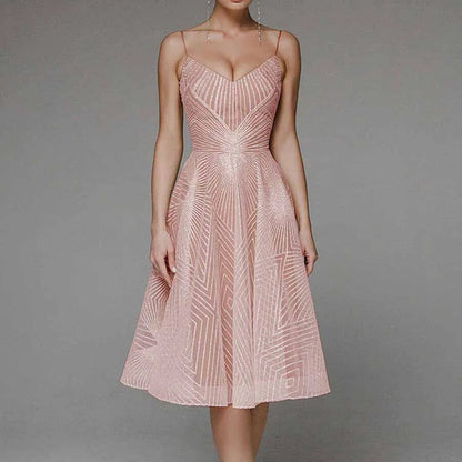 Robe midi femme – Coupe évasée – Bretelles fines – Décolleté en V