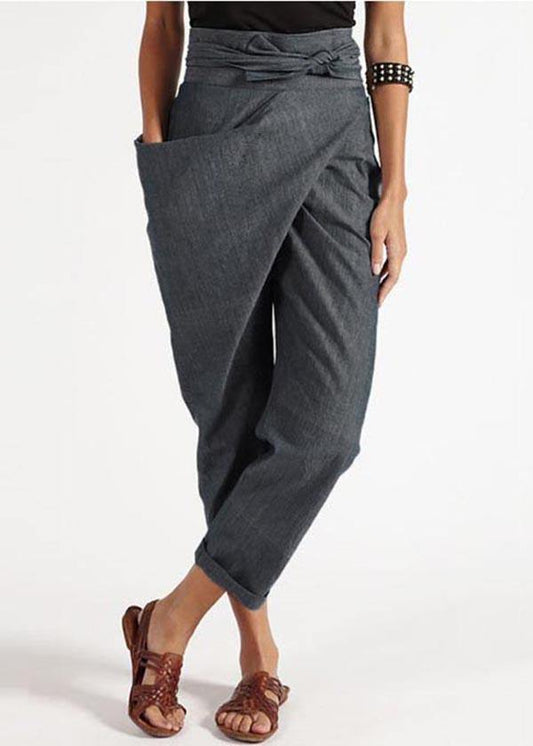 Pantalon femme – Taille haute – Coupe ample – Détail noué – Fibres naturelles