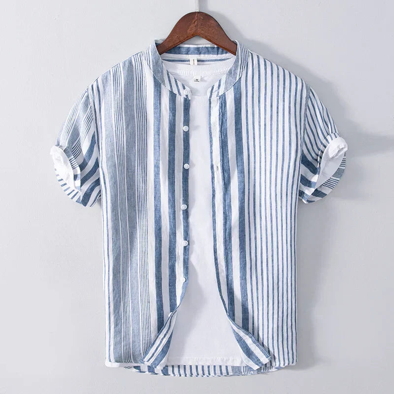 Chemise homme manches courtes – Coupe décontractée – Tissu respirant – Col mao – Rayures