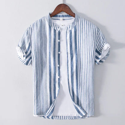 Chemise homme manches courtes – Coupe décontractée – Tissu respirant – Col mao – Rayures
