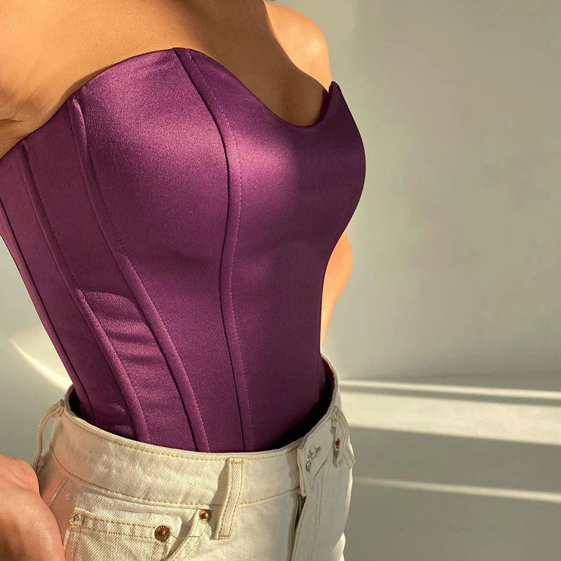 Corset court femme – Tissu luxueux – Décolleté cœur – Sans bretelles structuré