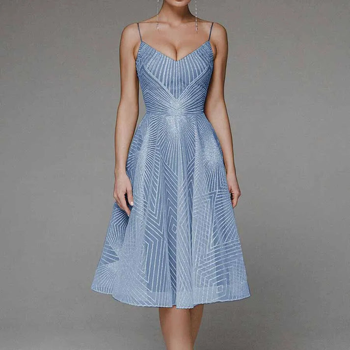 Robe midi femme – Coupe évasée – Bretelles fines – Décolleté en V