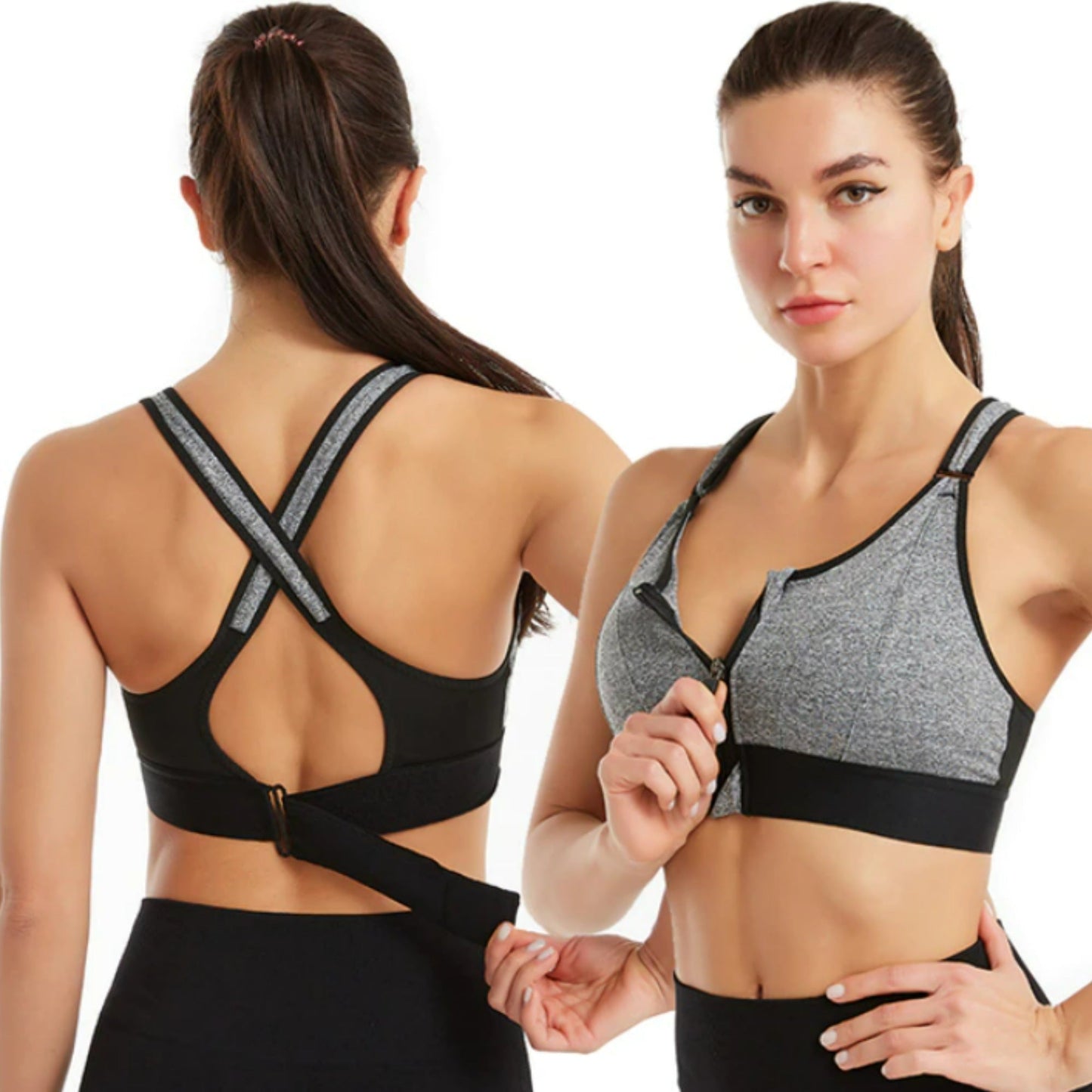 Brassière de sport femme – Maintien renforcé – Zip frontal – Dos croisé – Tissu respirant