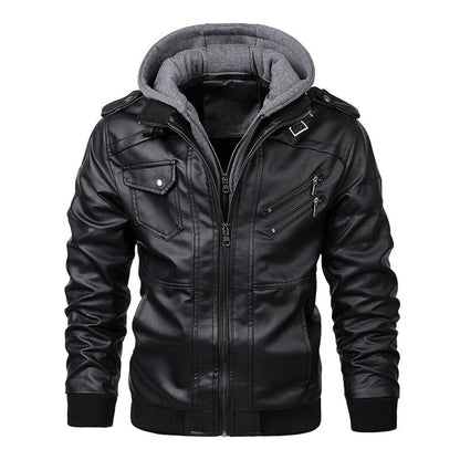Blouson en cuir homme – Coupe ajustée – Capuche – Poches zippées – Finitions côtelées