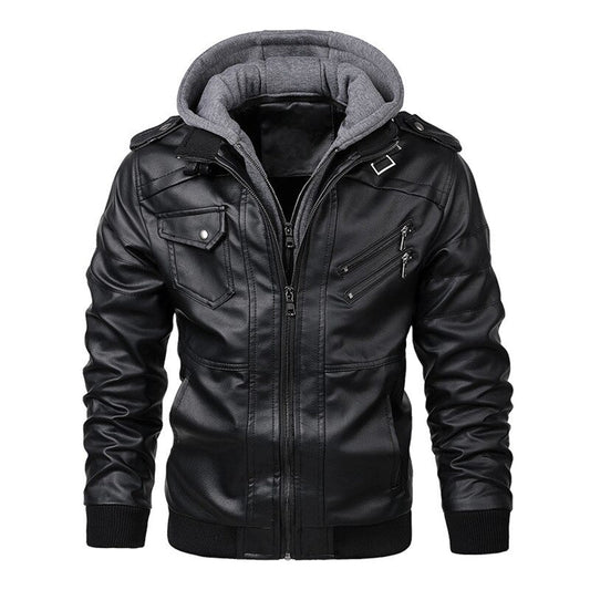 Blouson en cuir homme – Coupe ajustée – Capuche – Poches zippées – Finitions côtelées
