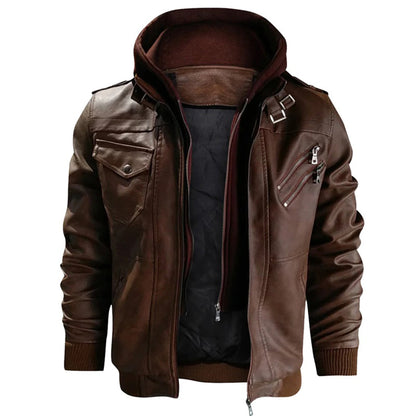 Blouson en cuir homme – Coupe ajustée – Capuche – Poches zippées – Finitions côtelées