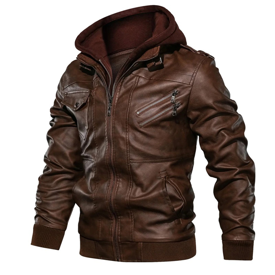 Blouson en cuir homme – Coupe ajustée – Capuche – Poches zippées – Finitions côtelées