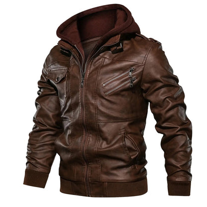 Blouson en cuir homme – Coupe ajustée – Capuche – Poches zippées – Finitions côtelées