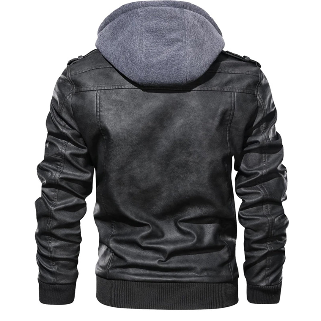 Blouson en cuir homme – Coupe ajustée – Capuche – Poches zippées – Finitions côtelées