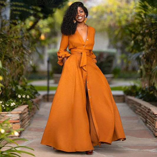 Robe longue femme – Coupe évasée fluide – Manches à volants – Fibres naturelles respirantes