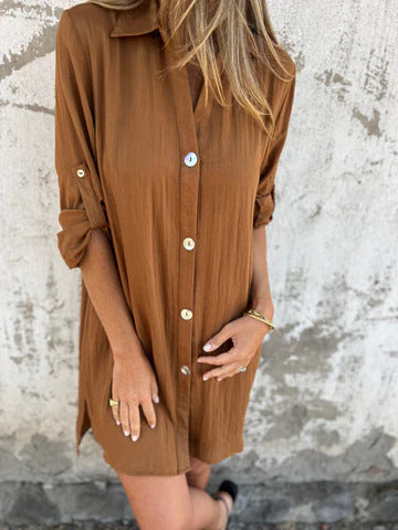 Robe chemise femme – Coupe décontractée – Boutonnage frontal – Tissu respirant – Manches retroussées