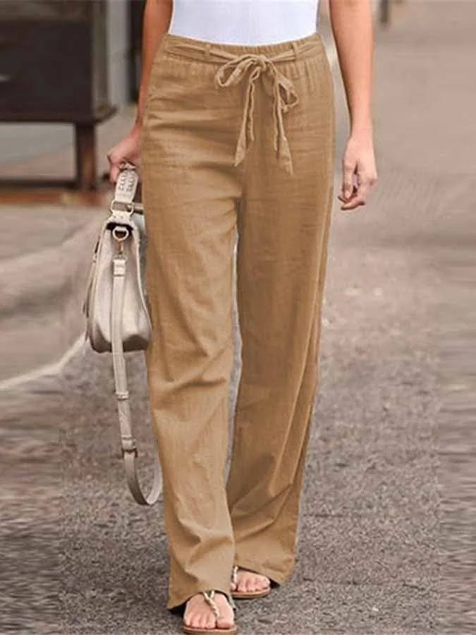 Pantalon femme large – Taille haute – Tissu respirant – Ceinture nouée – Longueur totale