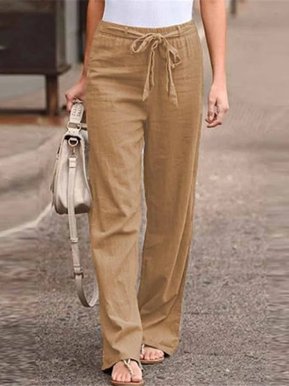 Pantalon femme large – Taille haute – Tissu respirant – Ceinture nouée – Longueur totale