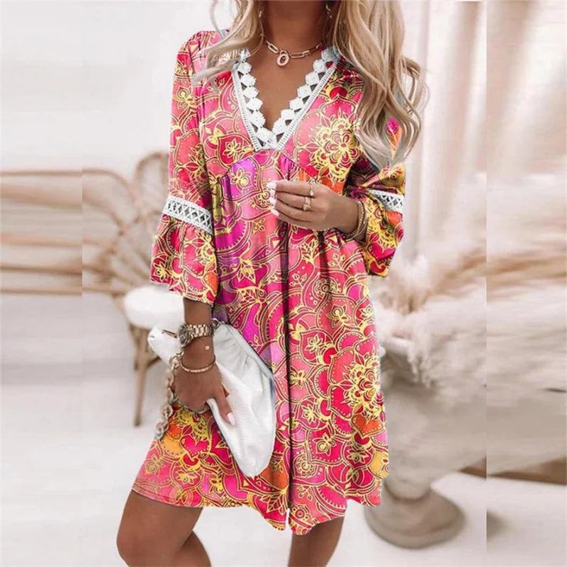 Robe femme mi-longue – Coupe ample – V-col – Dentelle – Imprimé fleuri – Tissu léger