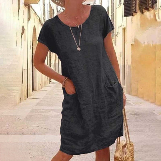 Robe femme mi-longue – Coupe ample – Manches courtes – Fibres naturelles – Style décontracté