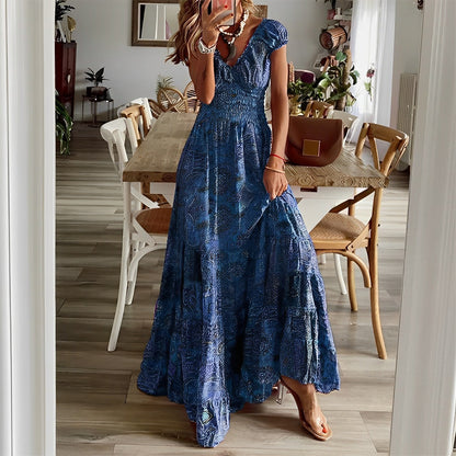 Robe longue femme – Coupe fluide – Décolleté en V – Manches courtes – Jupe à volants