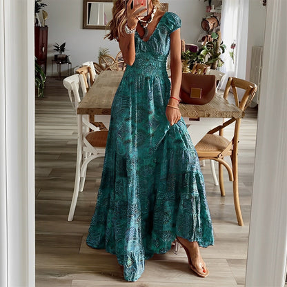 Robe longue femme – Coupe fluide – Décolleté en V – Manches courtes – Jupe à volants
