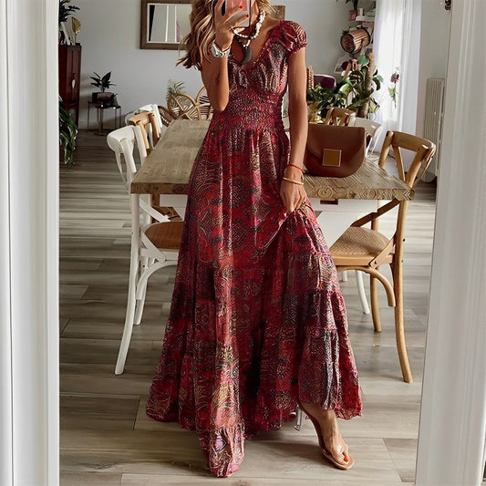 Robe longue femme – Coupe fluide – Décolleté en V – Manches courtes – Jupe à volants