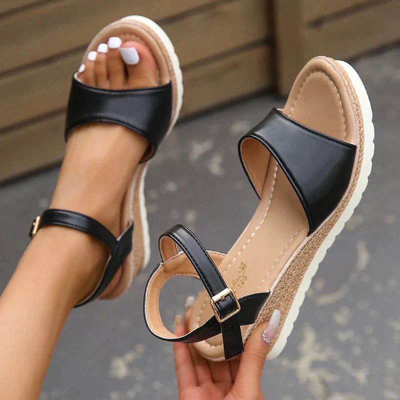 Sandales compensées femme – Bout ouvert – Bride cheville – Semelle confort orthopédique